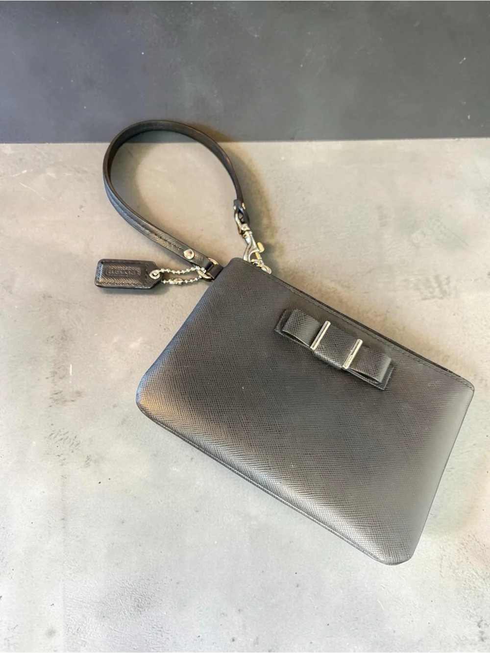 Coach Black Saffiano Leather Bow Accent Wristlet Pouch